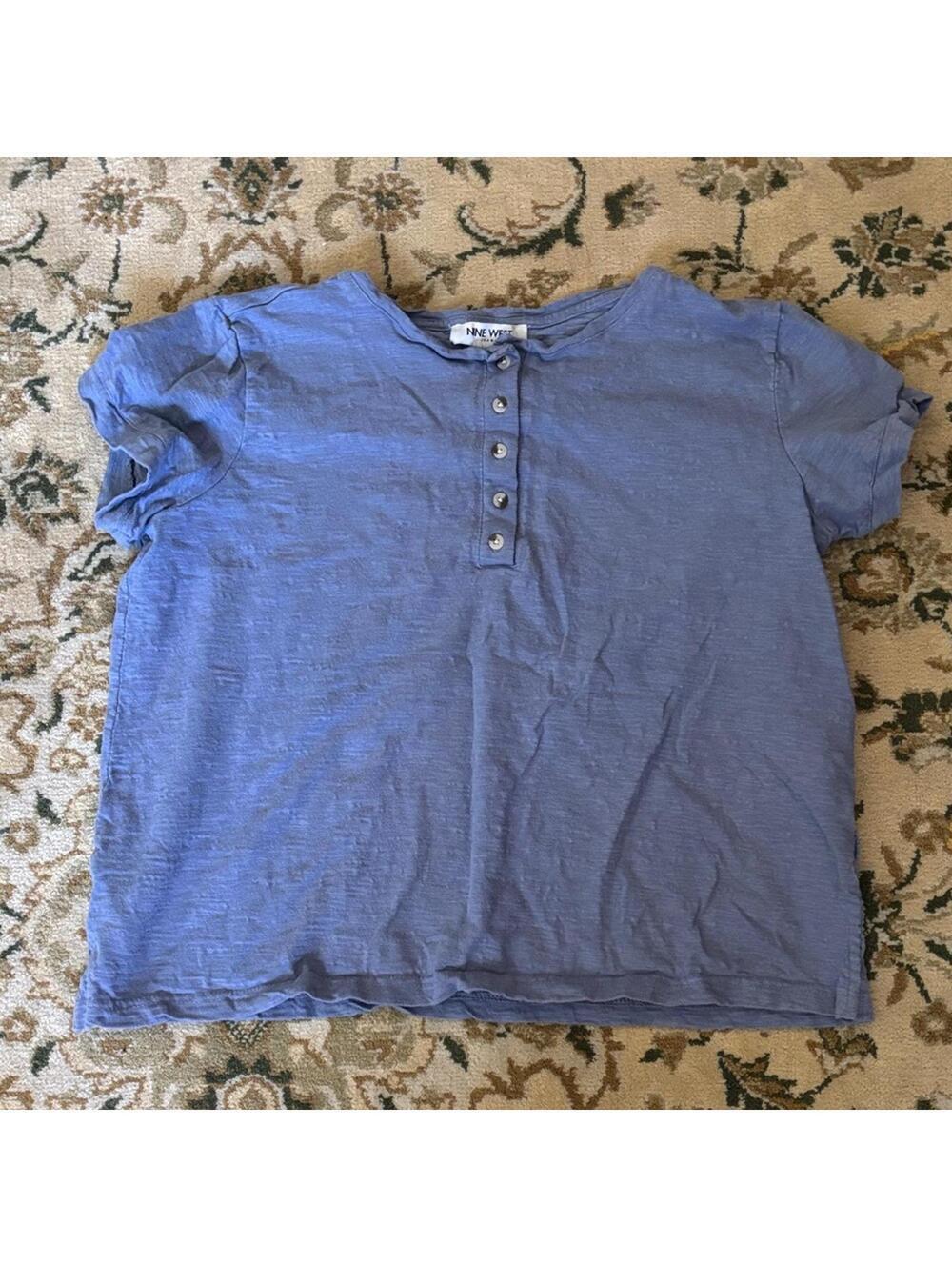 Nine West Blue 100% Cotton Short Sleeve Shirt Top Minima Classic Neutral Basics